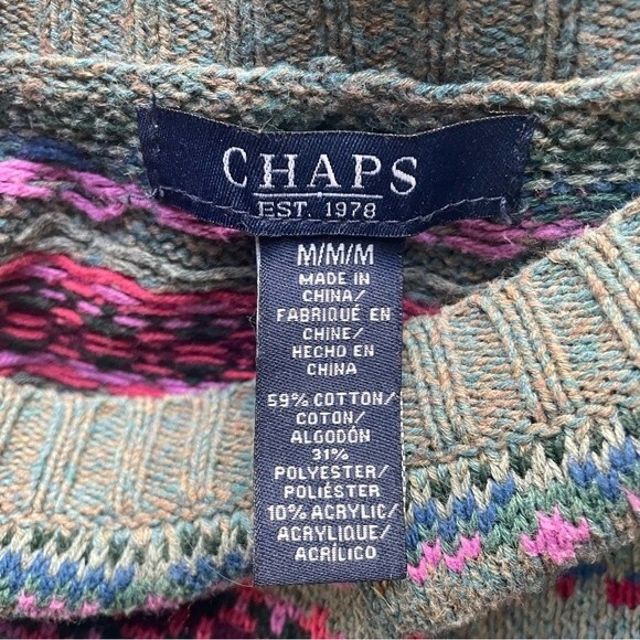 Vintage Chaps Fair Isle Nordic Sweater Cotton Blend Pink Sage Multi Size Medium - Picture 9 of 12